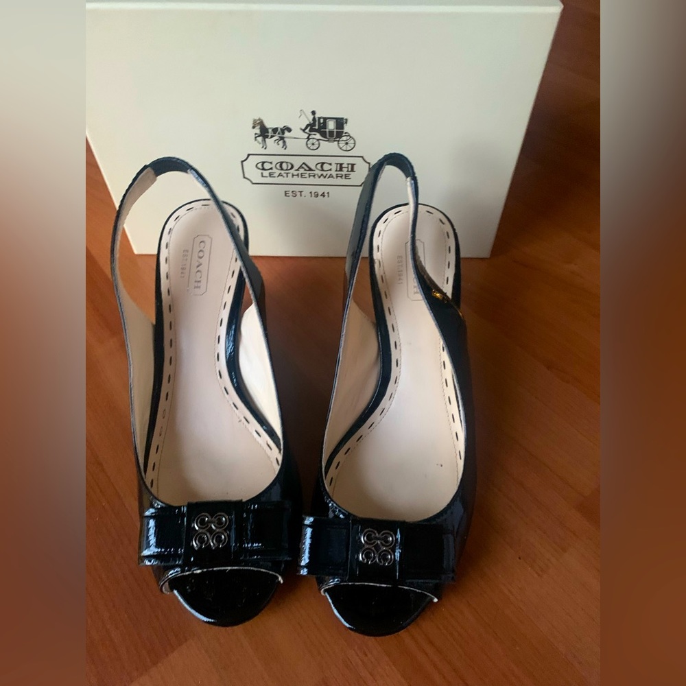 Coach Sling Back Patent Leather Open Toe shoes.